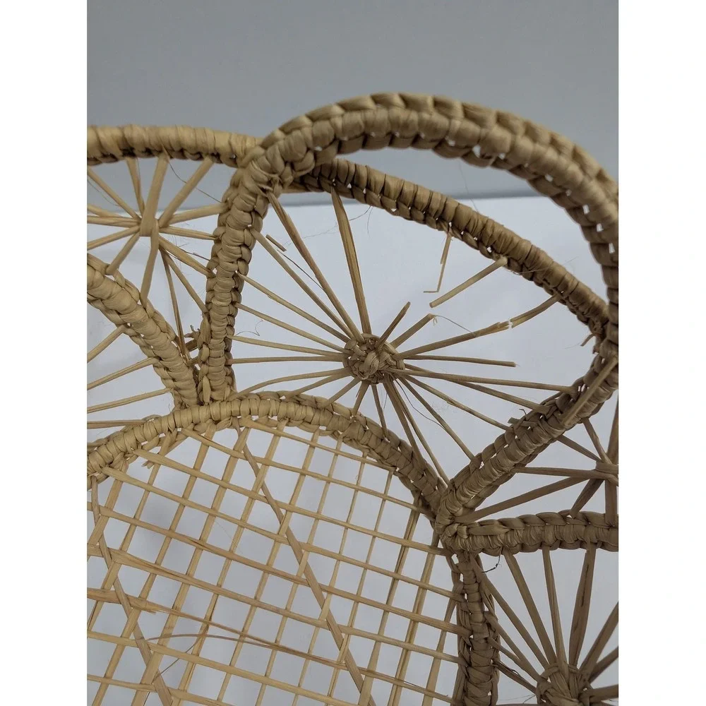 Vintage Boho Wicker Rattan Petal Baskets Set of 2 Natural Straw Trays Handles